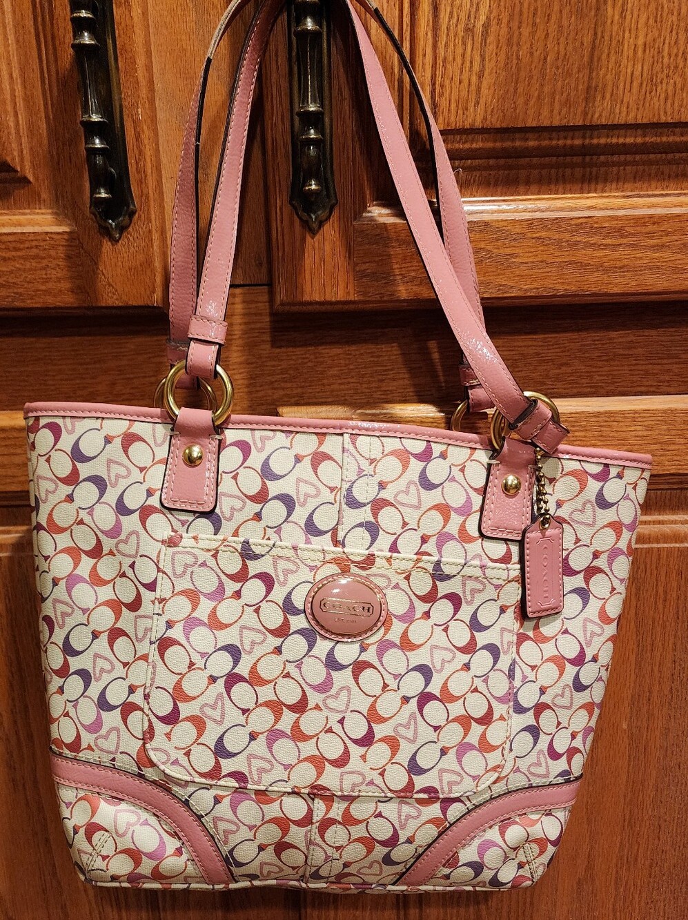 Vintage Coach Multicolor Signature Canvas Tote with Pink Trim